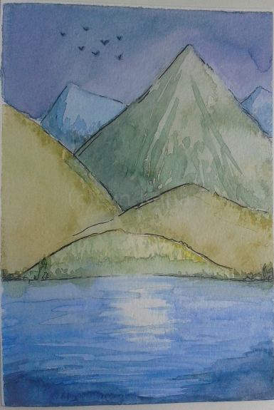 Watercolor pic of mountains.