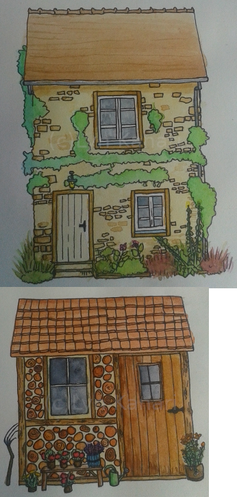 2 watercolor houses, brown and yellow. 
